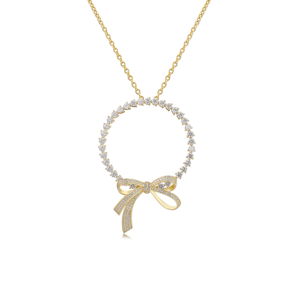 GOLD CZ ROUND BOW PENDANT NECKLACE