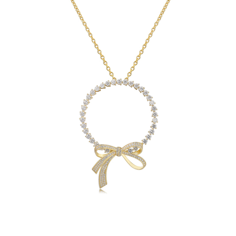 GOLD CZ ROUND BOW PENDANT NECKLACE