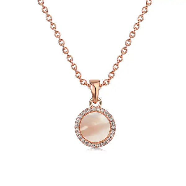 ROSE GOLD MOTHER OF PEARL CZ ROUND PENDANT NECKLACE