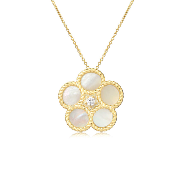 MOTHER OF PEARL GOLD BRAIDED FLOWER PENDANT NECKLACE