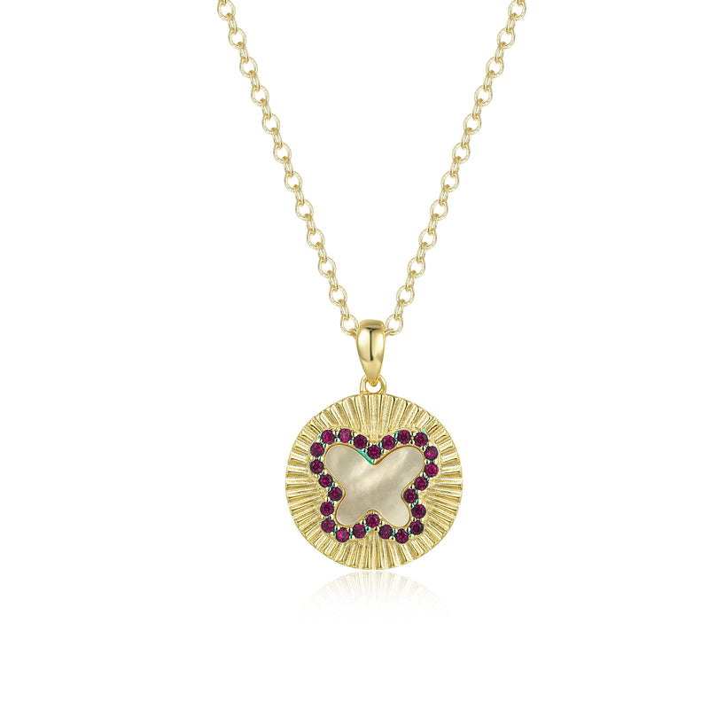 GOLD MOTHER OF PEARL RUBY BUTTERFLY PENDANT NECKLACE