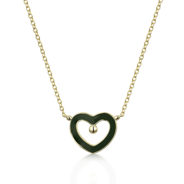 GOLD ENAMEL OLIVE GREEN HEART PENDANT NECKLACE